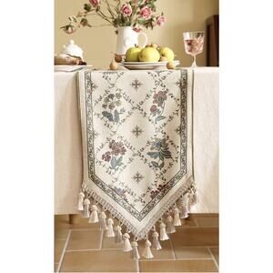 patdrea Designer Vintage Floral Linen Table Runner 87 Inch Long, Beige